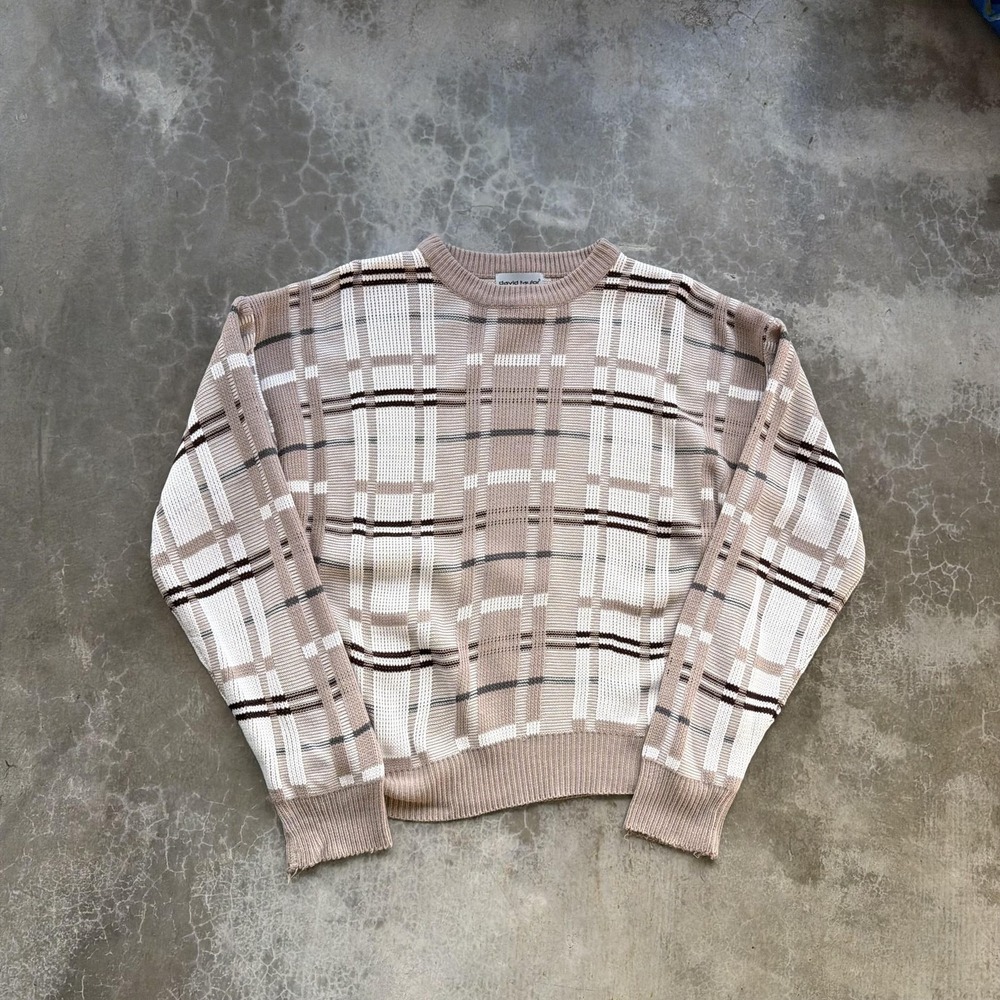 Vintage Sweater Mens Small Beige Plaid Knit Crewneck Pullover Long Sleeve - Picture 3 of 6